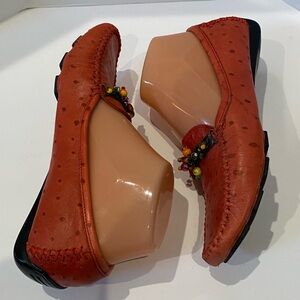 Robert Zur Embellished Driving Loafers Soft Ostrich Leather Red Size 6.5 EUC